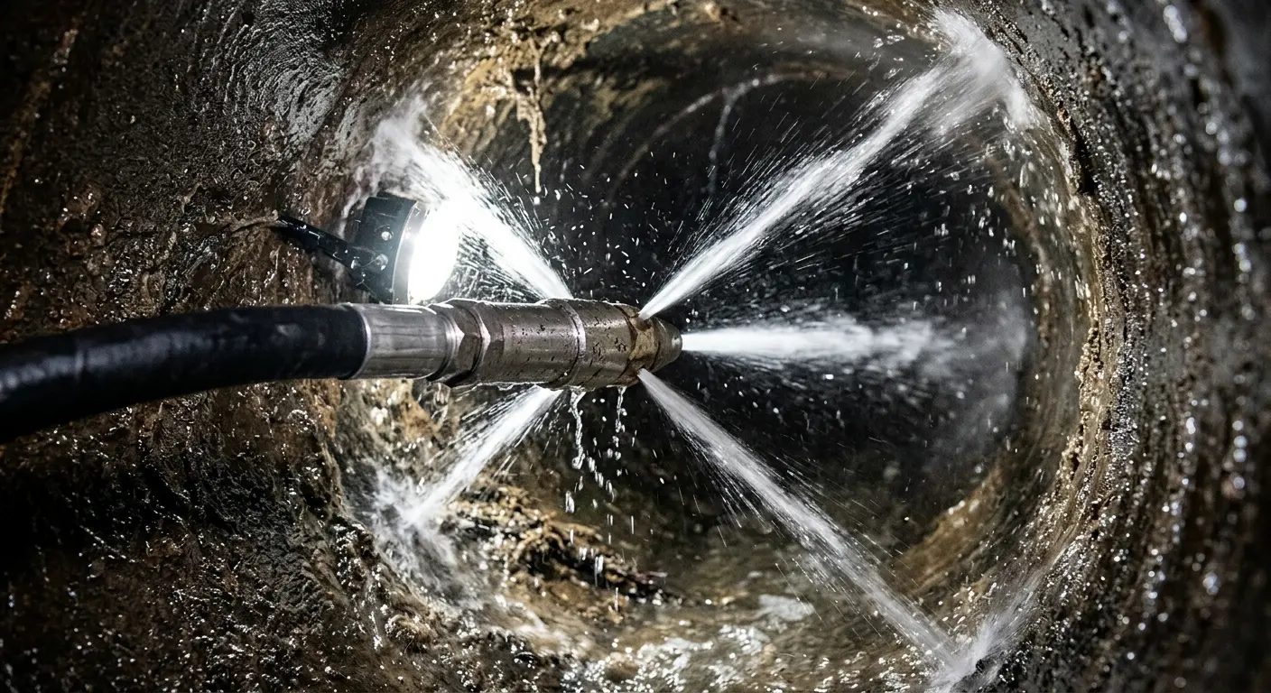 High-pressure hydro jetting nozzle cleaning sewer pipe for Trenchless Sewer Repair in South Huntingdon